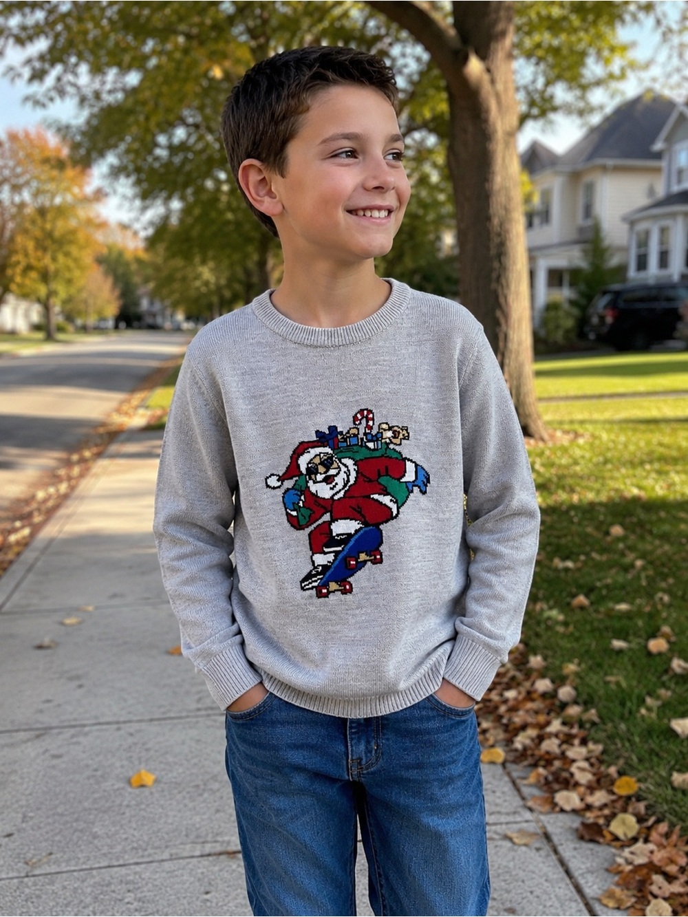 Boys Christmas Santa Skateboard Sweater Size 10/12 Gray Knit Pullover